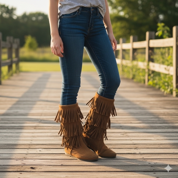 Minnetonka 3-Layer Fringe Suede Boots, Women's Size 7 - Picture 2 of 7